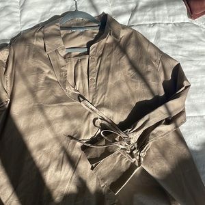 NA-KD oversized taupe button down with cinched sleeves